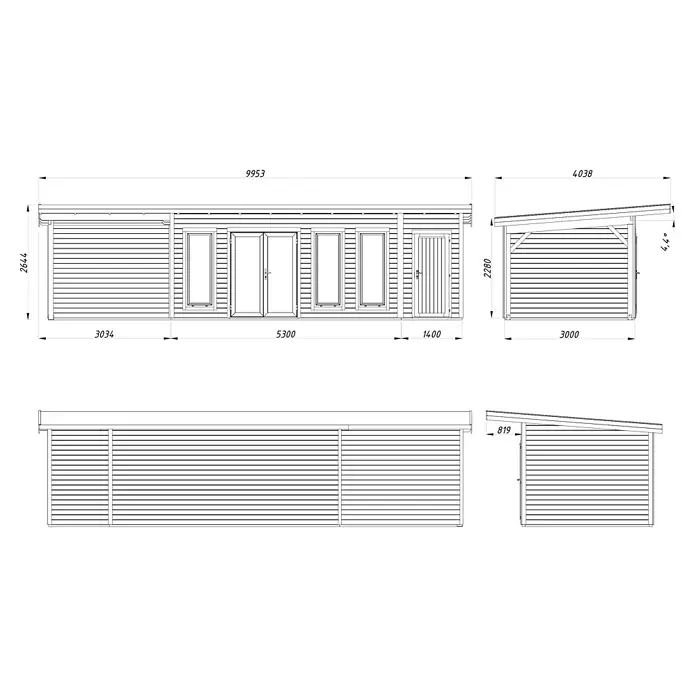 Palmako Gartenhaus Aurelia - Außenmaß inkl. Dachüberstand (B x T): 995 x 404 cm, Holz, Hellbraun, Inklusive überdachtem Freisitz und Abstellraum mit separatem Zugang - Abbildung eines Gartenhauses mit den Maßen 9953 mm Länge und 2644 mm Höhe sowie einer separaten Einheit mit 4038 mm Länge.