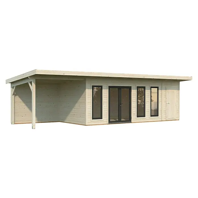 Palmako Gartenhaus Aurelia - Außenmaß inkl. Dachüberstand (B x T): 995 x 404 cm, Holz, Hellbraun, Inklusive überdachtem Freisitz und Abstellraum mit separatem Zugang - Abbildung eines modernen Gartenhauses mit Fenstern, Türen und einem überdachten Bereich, das durch sein schlichtes Design besticht.