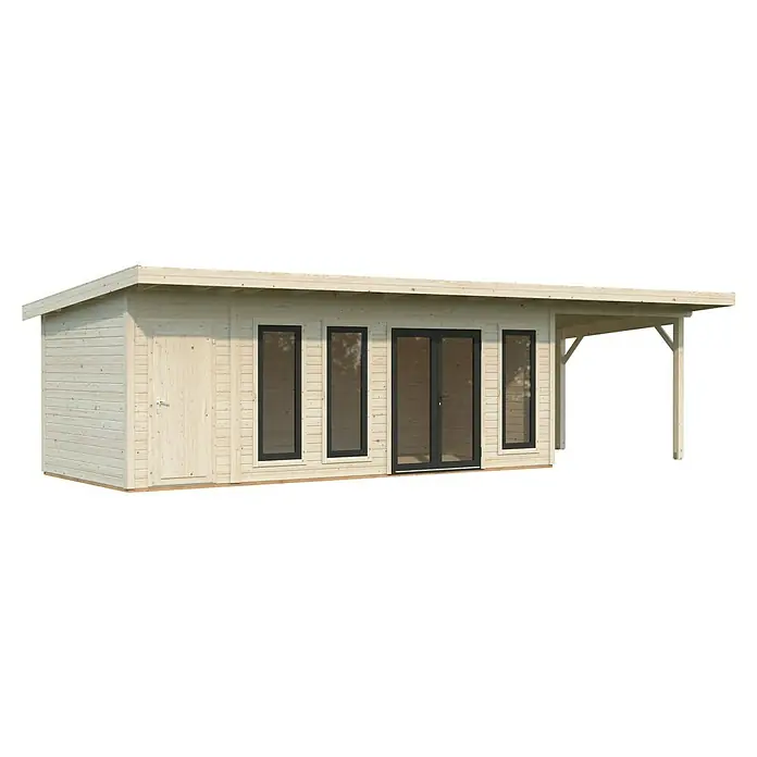Palmako Gartenhaus Aurelia - Außenmaß inkl. Dachüberstand (B x T): 995 x 404 cm, Holz, Natur unbehandelt, Inklusive überdachtem Freisitz und Abstellraum mit separatem Zugang - Das moderne Gartenhaus bietet mit seiner überdachten Terrasse einen stilvollen und praktischen Außenbereich für Entspannung und Freizeit.