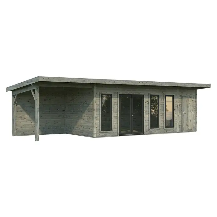 Palmako Gartenhaus Aurelia - Außenmaß inkl. Dachüberstand (B x T): 995 x 404 cm, Holz, Grau, Inklusive überdachtem Freisitz und Abstellraum mit separatem Zugang - Ein graues Gartenhaus mit überdachtem Bereich, Fenstern und einer Tür. Das Haus ist aus Holz gefertigt und bietet einen geschützten Aussenbereich.