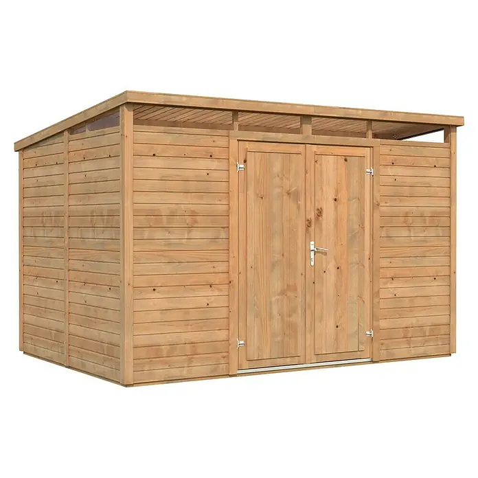 Palmako Gerätehaus Elias - Außenbreite inkl. Dachüberstand: 337 cm, Außentiefe inkl. Dachüberstand: 247 cm, Holz, Hellbraun - Abbildung eines Holzschuppens mit Doppeltür und einem teilweise offenen Dach, ideal für die Gartenaufbewahrung.