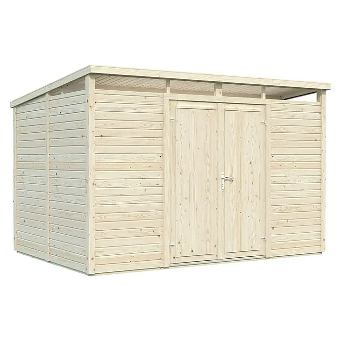 Palmako Gerätehaus Elias - Außenbreite inkl. Dachüberstand: 337 cm, Außentiefe inkl. Dachüberstand: 247 cm, Holz, Hellbraun - Helles Holz Gartenhaus mit Doppeltüren und horizontaler Bretterverkleidung.
