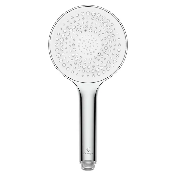 Camargue Teleducha Rimini - Número de funciones: 1 ud., Cromo y blanco - Primer plano de un cabezal de ducha Camargue con cabezal redondo y mango cromado. El diseño es moderno y minimalista.