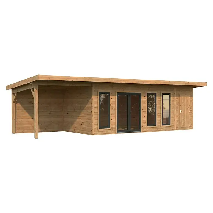 Palmako Gartenhaus Aurelia - Außenmaß inkl. Dachüberstand (B x T): 995 x 404 cm, Holz, Hellbraun, Inklusive überdachtem Freisitz und Abstellraum mit separatem Zugang - Ein stilvolles, modernes Gartenhaus aus Holz mit überdachter Veranda, ideal für Entspannung und als zusätzlicher Wohnraum im Freien.