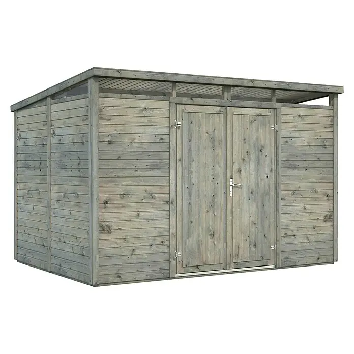 Palmako Gerätehaus Elias - Außenbreite inkl. Dachüberstand: 337 cm, Außentiefe inkl. Dachüberstand: 247 cm, Holz, Grau - Foto eines geräumigen Holzgartenhauses mit Doppeltür und natürlicher Holzmaserung für den Außenbereich zur Aufbewahrung von Gartengeräten.