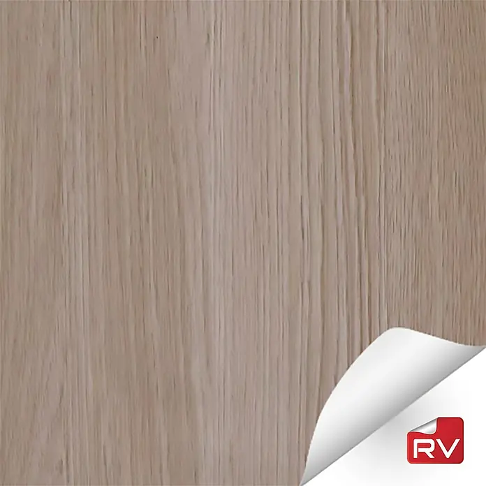 Lámina decorativa autoadhesiva vinílico autoadhesivo a metros - Madera roble - Primer plano de una superficie de chapa de madera con una esquina que se despega para destacar el material.