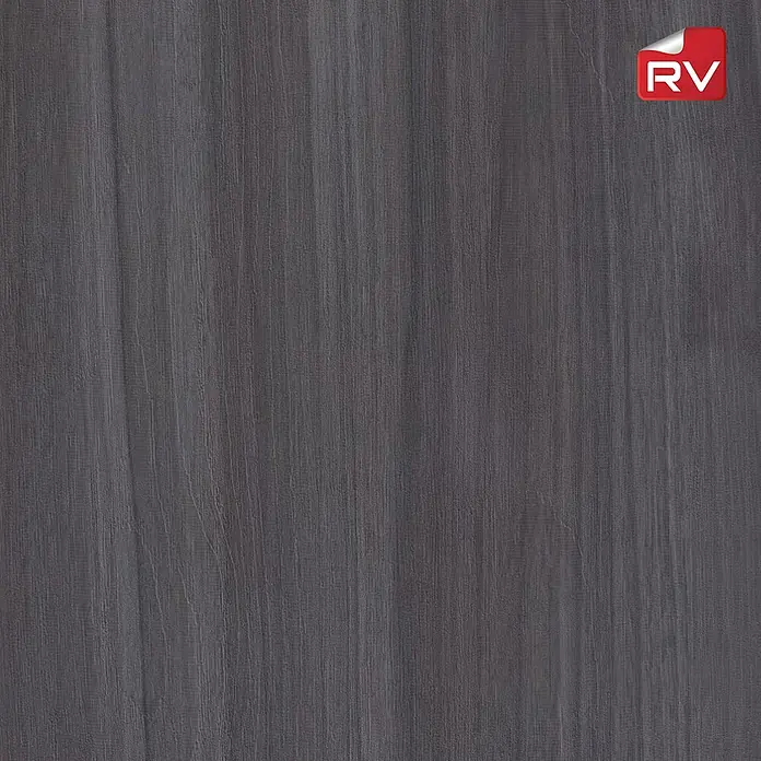 Lámina decorativa autoadhesiva vinílico autoadhesivo a metros - Madera oak gris - Textura de madera gris oscuro con vetas finas, ideal para diseños de muebles modernos. Logo RV en la esquina.