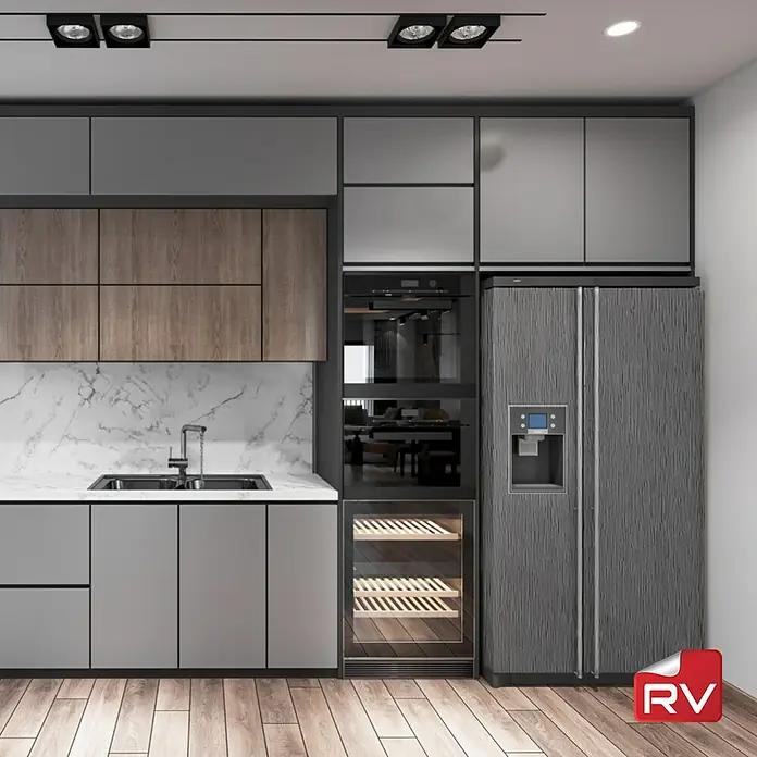 Lámina decorativa autoadhesiva vinílico autoadhesivo a metros - Plateado cepillado - Cocina moderna con armarios grises, detalles de madera y encimera de mármol. Incluye una vinoteca integrada y una nevera con dispensador de agua.
