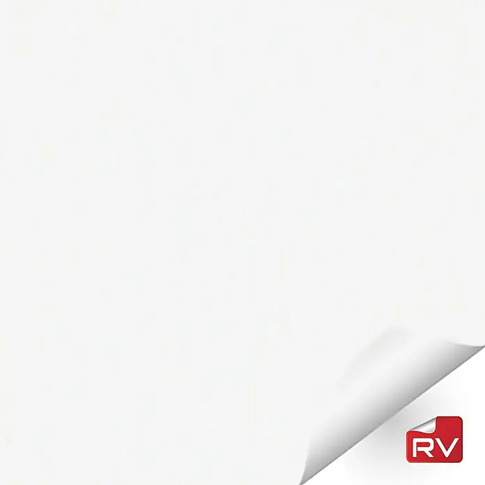 Lámina decorativa autoadhesiva vinílico autoadhesivo a metros - Madera sólida blanca - Una hoja de papel blanca con una esquina doblada y el logotipo "RV". Ideal para anuncios y proyectos creativos.