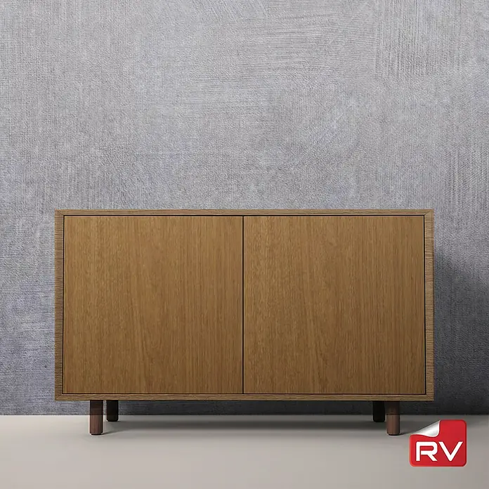 Lámina decorativa autoadhesiva vinílico autoadhesivo a metros - Madera anaranjada - Armario de madera con dos puertas frente a una pared gris. El aparador de madera clara se apoya en cuatro patas y ofrece espacio de almacenamiento.