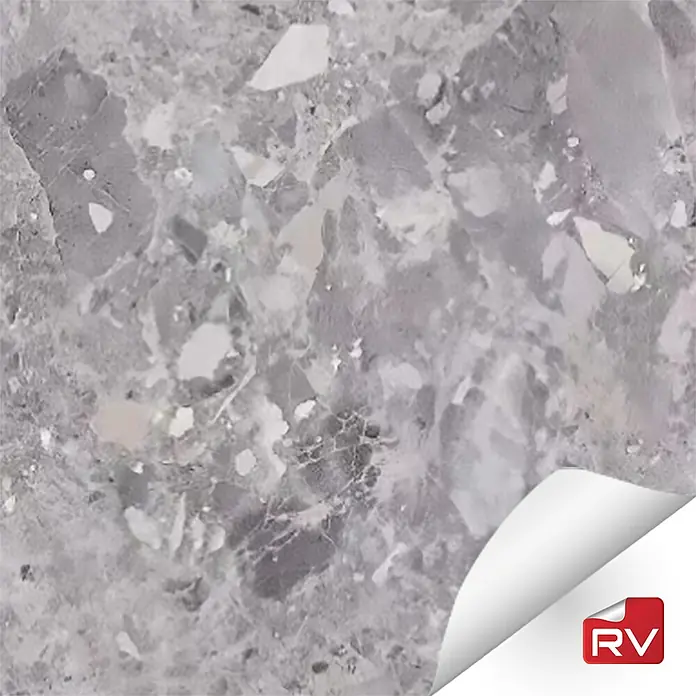 Lámina decorativa autoadhesiva vinílico autoadhesivo a metros - Piedra natural - Detalle de una baldosa de mármol gris con inclusiones más claras, ofreciendo un aspecto elegante y moderno. Ideal para interiores con estilo.