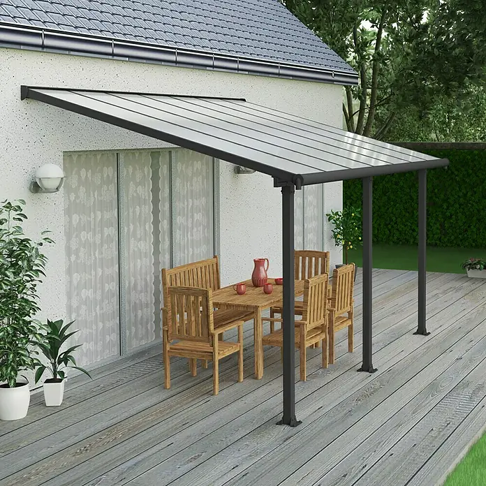 Palram – Canopia Terrassenüberdachung Olympia - B x T: 425 x 300 cm, Anthrazitgrau, Polycarbonat, Transparent - Stilvoller Terrassenüberdachung mit klarem Design. Genießen Sie Ihre Terrasse bei jedem Wetter geschützt unter diesem modernen Überdachungsmodell.