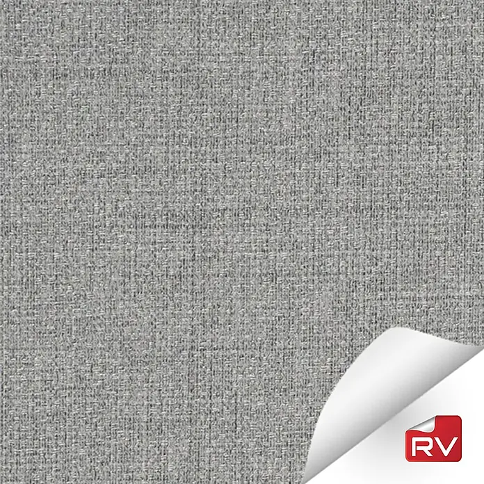 Lámina decorativa autoadhesiva vinílico autoadhesivo a metros - Textil azulado - Tela gris con una textura sutil, ideal para tapicería y decoraciones, presentada con una esquina decorativa y el logotipo RV.