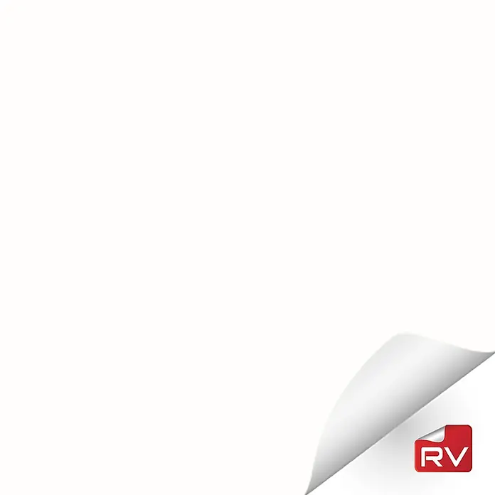 Lámina decorativa autoadhesiva vinílico autoadhesivo a metros - Blanco soft - Hoja blanca con una esquina doblada y un logo RV rojo en la esquina. Diseño minimalista con una estética limpia.