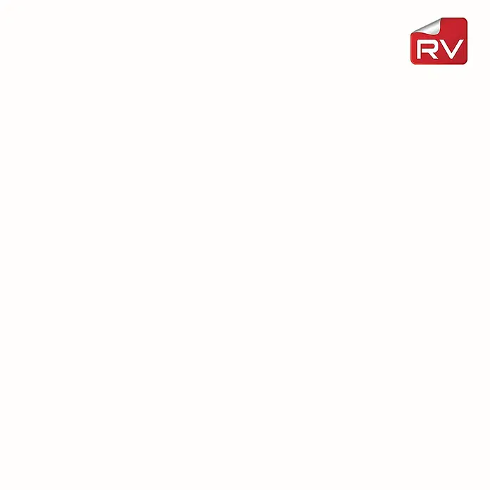 Lámina decorativa autoadhesiva vinílico autoadhesivo a metros - Blanco soft - Logotipo RV en un cuadrado rojo redondeado con una esquina doblada, que representa innovación y calidad.