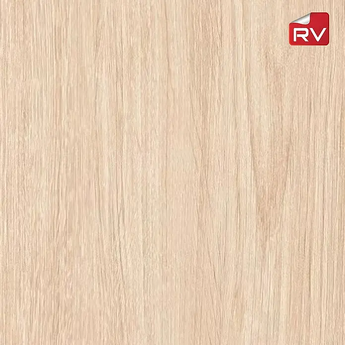 Lámina decorativa autoadhesiva vinílico autoadhesivo a metros - Madera clara - Superficie texturizada de un panel de madera de color claro con detalles de grano fino y un pequeño logo rojo en la esquina superior derecha.