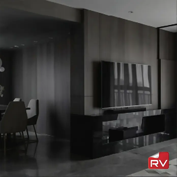 Lámina decorativa autoadhesiva vinílico autoadhesivo a metros - Madera oak gris oscuro - Un salón moderno con paredes de madera oscura, una televisión grande y un elegante mueble de TV negro para un toque sofisticado.