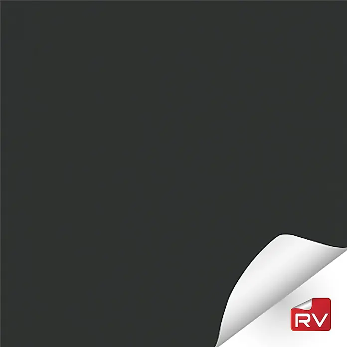 Lámina decorativa autoadhesiva vinílico autoadhesivo a metros - Negro soft - Papel gris oscuro con una esquina doblada en la parte inferior derecha, revelando una hoja blanca debajo y mostrando un logotipo RV rojo.