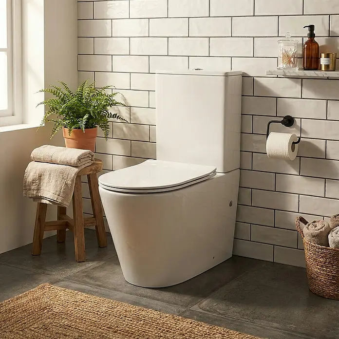 Pack de WC Lisa - Sin borde de descarga, Salida WC: Horizontal, Blanco - Un elegante conjunto de inodoro independiente en un baño elegante, complementado con accesorios a juego y tonos suaves.