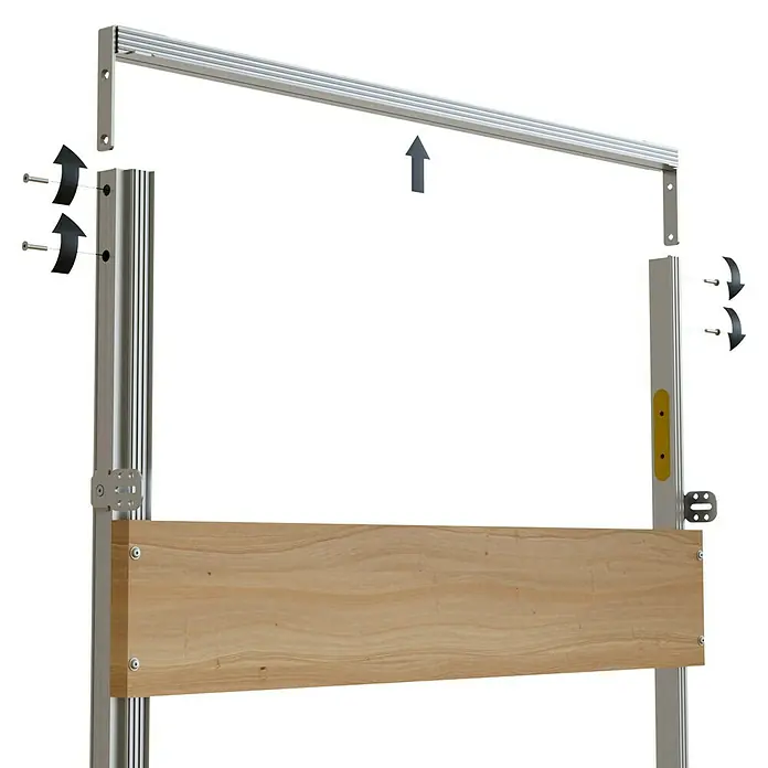 Entravia Drehtür-Komplettset Planara wandbündige Zarge - 760 x 2.010 mm, DIN Anschlag: Links/Rechts, Weiß lackiert, ähnlich RAL 9016, Röhrenspan - Nahaufnahme eines modernen mechanischen Geräts mit silbernen Metallrahmen und einem hölzernen Block.
