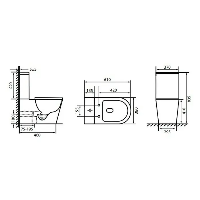 Pack de WC Lisa - Sin borde de descarga, Salida WC: Horizontal, Blanco - Dibujo técnico de un inodoro de pie con dimensiones para la instalación y el diseño, que incluye vistas laterales, superiores y frontales.