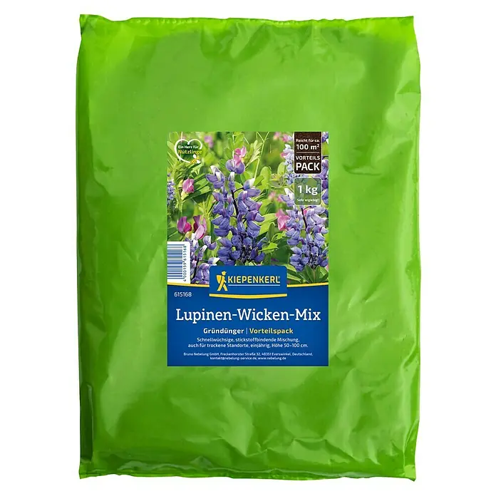 Kiepenkerl Gründüngung Lupinen-Wicken-Mix - Mischung - Produktbild einer Packung Lupinen-Wicken-Mix Gründünger von Kiepenkerl, ideal für stickstoffbindende Bodendeckung.