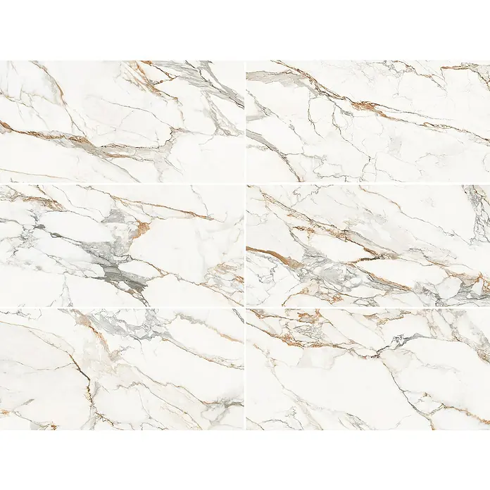 Feinsteinzeugfliese Calacatta Arabesco - 59,8 x 119,8 cm, Weiß, Matt - Sechs Marmorfliesen mit weißen und braunen Maserungen.
