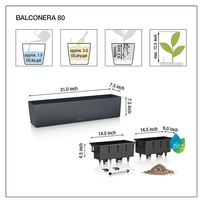 Lechuza Cottage Balkonkasten Balconera - Max. Außenlänge: 80 cm, Kunststoff, Granit - Produktabbildung des BALCONERA 80 Blumenkastens mit Maßangaben zu Wasservolumen, Pflanztiefe und Abmessungen des Kastens.