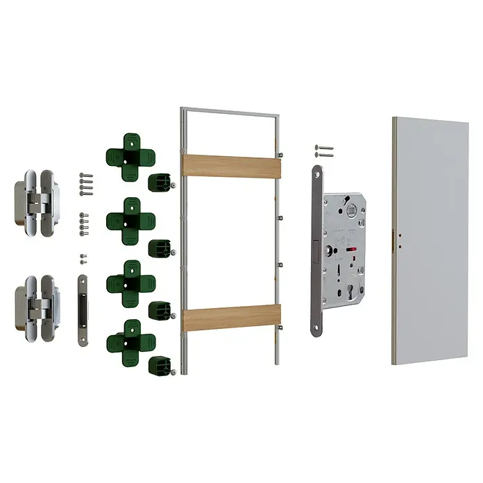 Entravia Drehtür-Komplettset Planara wandbündige Zarge - 760 x 2.010 mm, DIN Anschlag: Links/Rechts, Weiß lackiert, ähnlich RAL 9016, Röhrenspan - Eine detaillierte Ansicht eines modularen Türschlossesystems mit verschiedenen Komponenten, einschließlich Schlosskasten, Schließbleche und Sicherheitselemente.