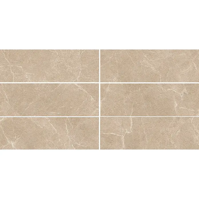 Wandfliese Benora - 39,8 x 119,8 cm, Beigebase, Matt - Beige Marmorfliesen sind aufgereiht und bilden ein elegantes Muster für Boden- oder Wandbeläge im Innenbereich.