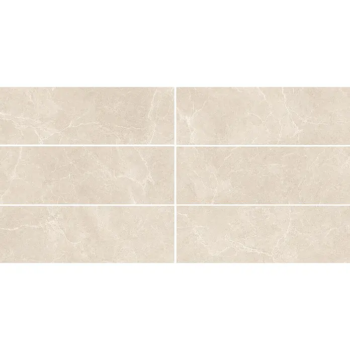 Wandfliese Benora Ivory - 39,8 x 119,8 cm, Lichtbeige, Matt - Beige Fliesen mit Marmorierung, die horizontal angeordnet sind und ein elegantes und stilvolles Design für Innenräume bieten.