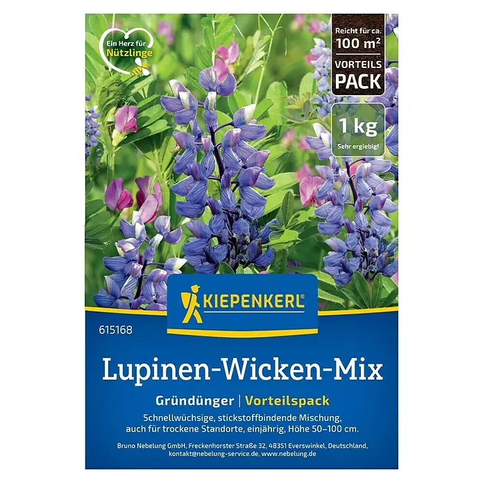 Kiepenkerl Gründüngung Lupinen-Wicken-Mix - Mischung - Bild einer Packung Lupinen-Wicken-Mix-Samen von Kiepenkerl, ideal für Gründüngung und zur Verbesserung des Bodens.