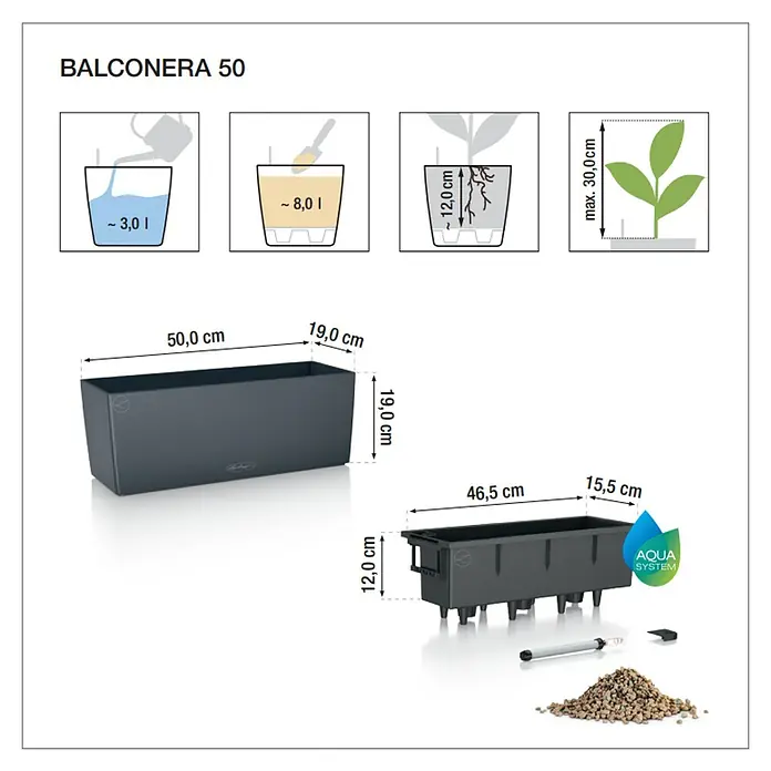 Lechuza Cottage Balkonkasten Balconera - Max. Außenlänge: 50 cm, Kunststoff, Granit - Abbildung eines Balkonkastens BALCONERA 50 mit Größenangaben und Hinweisen zu Wasservolumen, Substratmenge und Pflanzenhöhe.