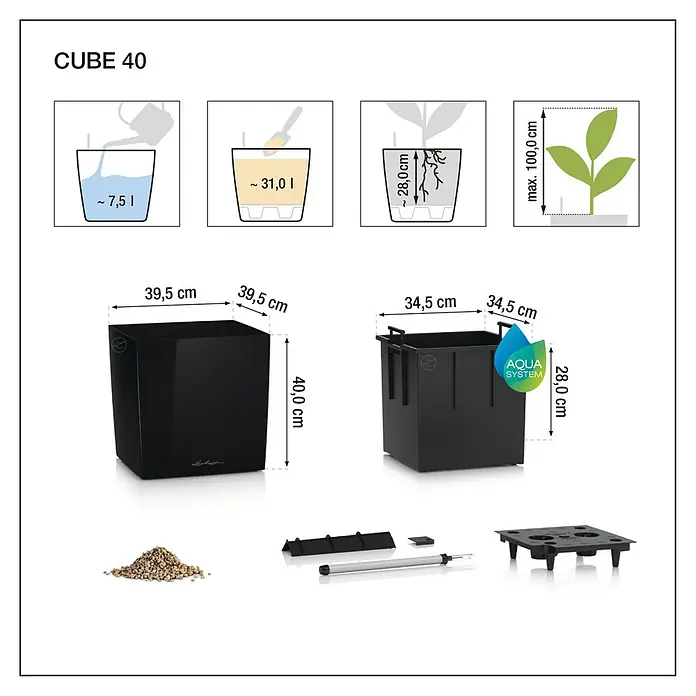 Lechuza Cottage Pflanzkübel eckig Cube - Außenmaß (L x B x H): 30 x 30 x 30 cm, Kunststoff, Granit - Produktabbildung des CUBE 40 Pflanzgefäßes mit Maßangaben und Füllmengen, ideal für Innen- und Außenbereiche.
