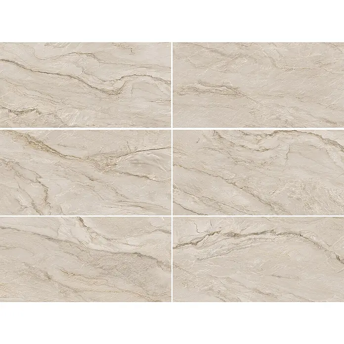 Feinsteinzeugfliese Velluto - 59,8 x 119,8 cm, Beige, Matt - Nahaufnahme von sechs beigefarbenen Marmorfliesen mit wirbelnden Mustern und Texturen.