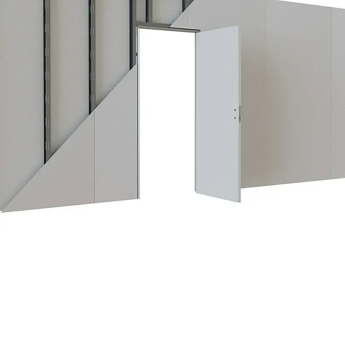 Entravia Drehtür-Komplettset Planara wandbündige Zarge - 760 x 2.010 mm, DIN Anschlag: Links/Rechts, Weiß lackiert, ähnlich RAL 9016, Röhrenspan - Eine geöffnete weiße Tür in einem hellen Raum. Die Tür steht leicht geöffnet und gibt den Blick ins Innere frei.