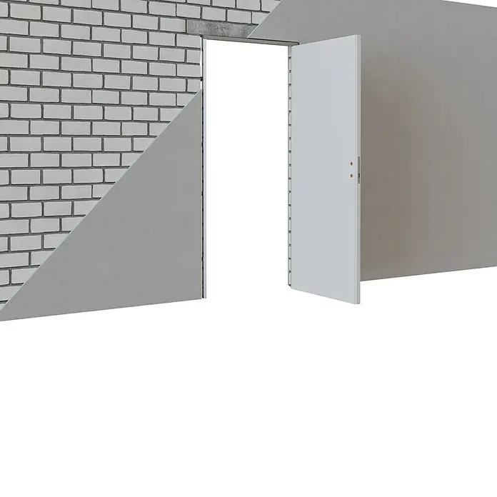 Entravia Drehtür-Komplettset Planara wandbündige Zarge - 760 x 2.010 mm, DIN Anschlag: Links/Rechts, Weiß lackiert, ähnlich RAL 9016, Röhrenspan - Ein offenes weißes Türblatt ist vor einer Mauerwerkswand zu sehen. Ideal für den Einbau in moderne und traditionelle Gebäude, sehr robust.