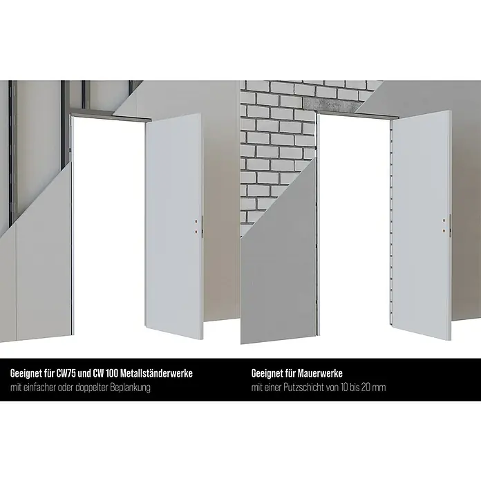 Entravia Drehtür-Komplettset Planara wandbündige Zarge - 760 x 2.010 mm, DIN Anschlag: Links/Rechts, Weiß lackiert, ähnlich RAL 9016, Röhrenspan - Doppeltürlösung für Metallständerwerke & Mauerwerke: Ideal für CW75/CW100 mit einfacher/doppelter Beplankung, Putz bis 20mm.
