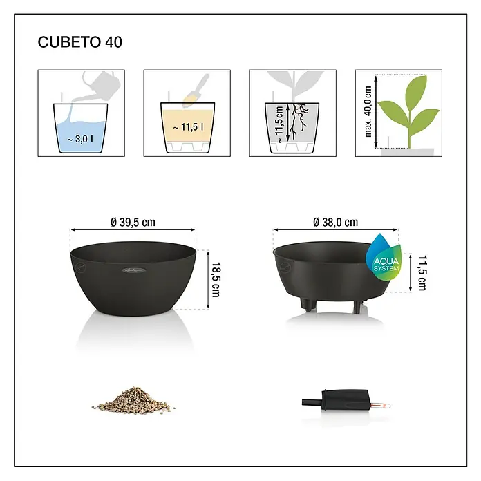 Lechuza Color Pflanzschale rund Cubeto - Außenmaß (Ø x H): 40 x 18,3 cm, Kunststoff, Sandbeige - Produktabbildung des CUBETO 40 Pflanzgefäßes mit Größenangaben und Füllmengenhinweisen für eine optimale Nutzung.