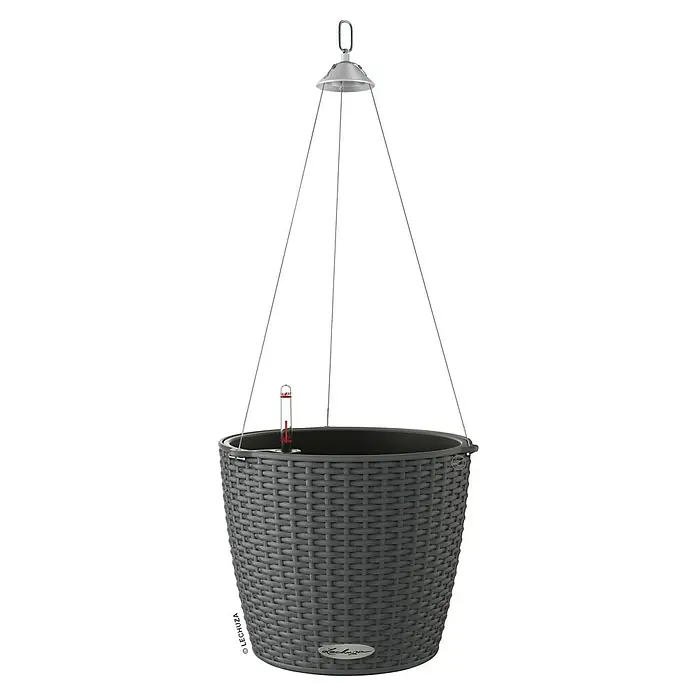 Lechuza Cottage Blumenampel Nido - Außenmaß (Ø x H): 27 x 23 cm, Kunststoff, Granit - Hängeampel im Rattan-Design mit Wasserstandsanzeiger für stilvolle Dekoration und optimales Pflanzenwachstum.