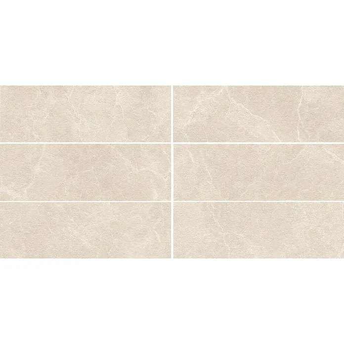 Wandfliese Benora Ivory Base - 39,8 x 119,8 cm, Beige, Matt - Abbildung von sechs beigen, rechteckigen Fliesen mit einer Marmorierung.