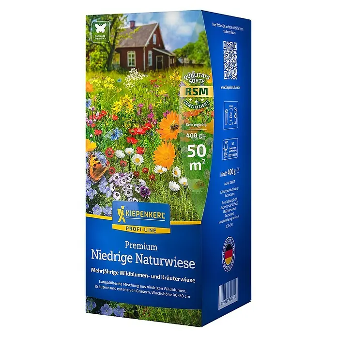 Kiepenkerl Profi-Line Wildblumensamen Premium Niedrige Naturwiese - 400 g, 50 m² - Produktfoto: Kiepenkerl Profi-Line Premium Niedrige Naturwiese, eine mehrjährige Wildblumen- und Kräutermischung für naturnahe Gärten.