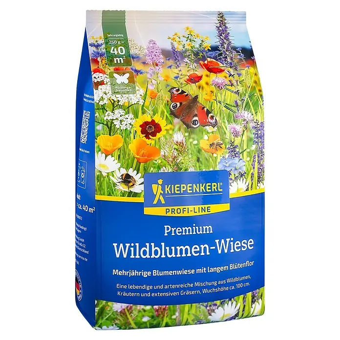 Kiepenkerl Profi-Line Wildblumensamen Premium Wildblumen-Wiese - 250 g - Bild einer Packung Kiepenkerl Profi-Line Premium Wildblumen-Wiese, ideal für mehrjährige Blumenwiesen mit langem Blütenflor.