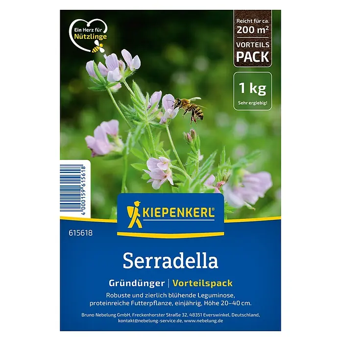 Kiepenkerl Gründüngung Serradella - 1 kg, Ornithopus sativus, 200 m² - Bild einer Packung Serradella Gründünger von Kiepenkerl, ideal für die Gründüngung und Verbesserung des Bodens.