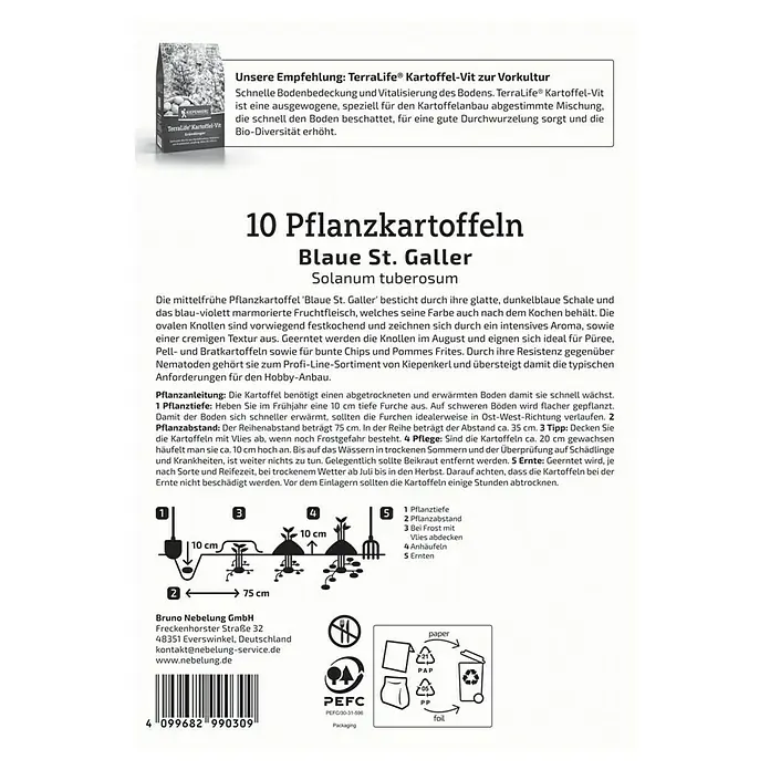 Kiepenkerl Profi-Line Pflanzkartoffeln Blauer St.Galler - Solanum tuberosum, 10 Stk., Erntezeit: August - Pflanzkartoffeln Blaue St. Galler: Pflanzanleitung mit Illustrationen zu Pflanztiefe, Abstand, Frostschutz und Ernte für den Hobby-Anbau.