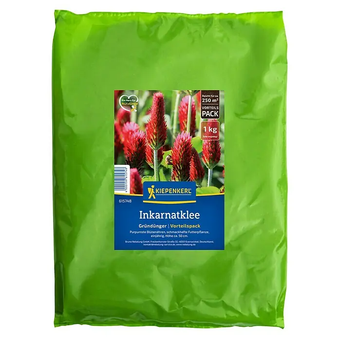 Kiepenkerl Gründüngung Inkarnatklee - Trifolium incarnatum, 250 m² - Bild einer Packung Inkarnatklee-Gründünger der Marke Kiepenkerl, ideal für eine Fläche von ca. 250 m².