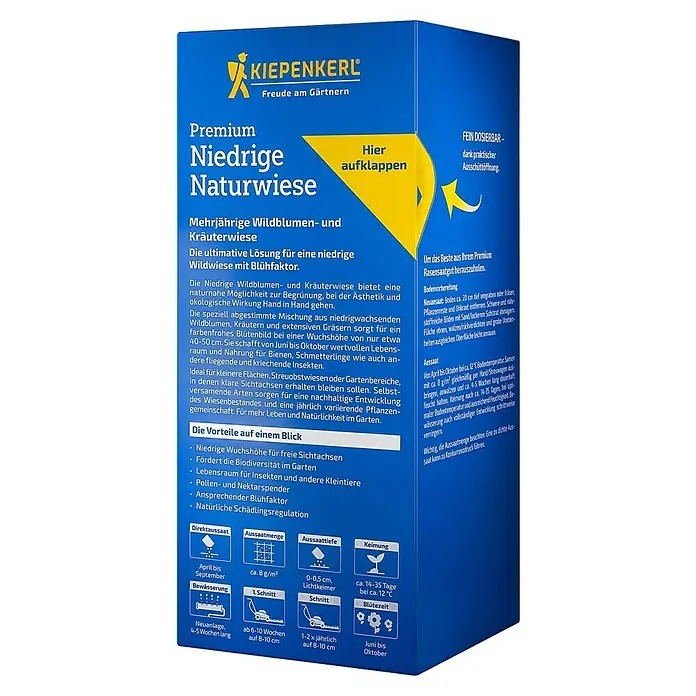 Kiepenkerl Profi-Line Wildblumensamen Premium Niedrige Naturwiese - 400 g, 50 m² - Produktbild: "Kiepenkerl Premium Niedrige Naturwiese", eine mehrjährige Wildblumen- und Kräutermischung für naturnahe Gärten mit Blühfaktor.