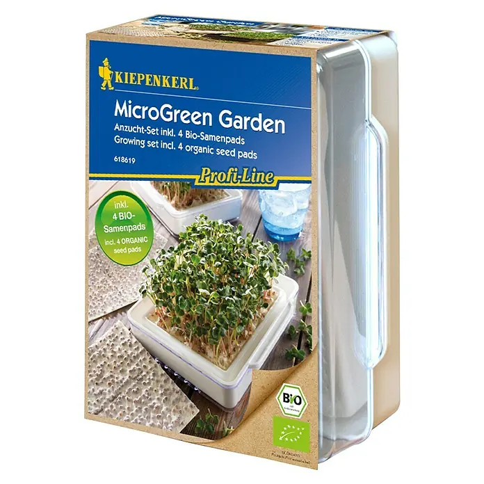 Kiepenkerl Profi-Line Gemüsesamenmischung Bio MicroGreen Garden - Mischung - Abbildung des MicroGreen Garden Anzucht-Sets von Kiepenkerl, inklusive Bio-Samenpads und einer transparenten Abdeckung.