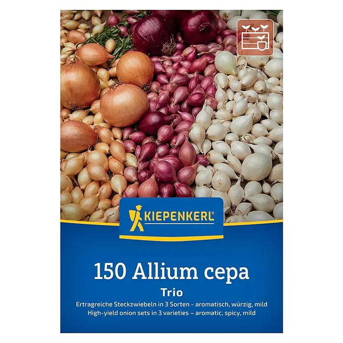 Kiepenkerl Steckzwiebeln Trio - 150 Stk., Allium cepa, Erntezeit: Juli - Kiepenkerl 150 Allium cepa Trio: Hochertragreiche Zwiebelsets in 3 Sorten – aromatisch, würzig, mild.