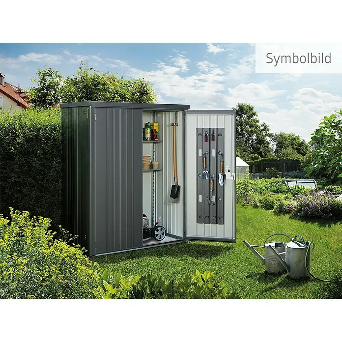 Biohort Geräteschrank - Außenbreite inkl. Dachüberstand: 156 cm, Außentiefe inkl. Dachüberstand: 155 cm, Stahl, Quarzgrau - Gartenschrank mit geöffneten Türen und Gartenutensilien.